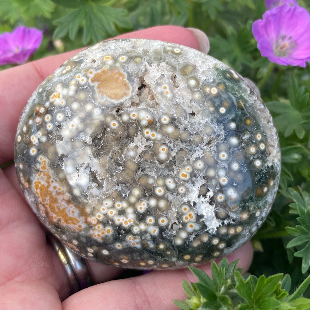 Veinless Ocean Jasper Palm Stone With Druzy